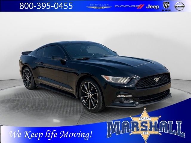 2015 Ford Mustang EcoBoost in Black — front three-quarter view