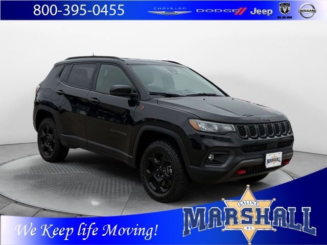 2024 Jeep Compass Trailhawk in Diamond Black Crystal Pearlcoat — front three-quarter view