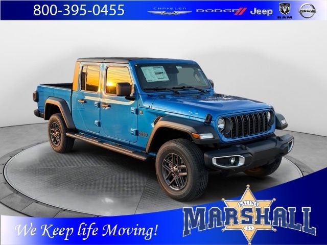 2026 Jeep Gladiator GLADIATOR SPORT S 4X4 in Hydro Blue Pearl-Coat Exterior Paint — front three-quarter view