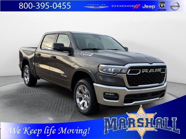 2026 RAM 1500 RAM 1500 BIG HORN CREW CAB 4X4 5'7' BOX in Granite Crystal Metallic Clear-Coat Exterior Paint — front three-quarter view