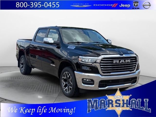 2026 RAM 1500 RAM 1500 LARAMIE CREW CAB 4X4 5'7' BOX in Diamond Black Crystal Pearl-Coat Exterior Paint — front three-quarter view