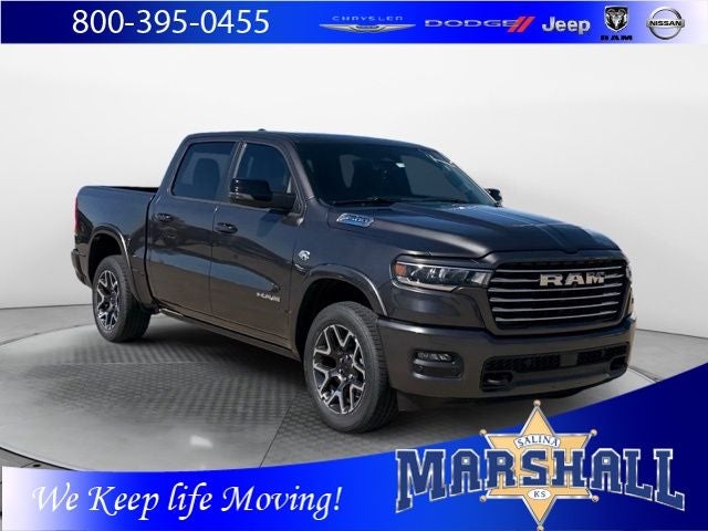 2026 RAM 1500 RAM 1500 LARAMIE CREW CAB 4X4 5'7' BOX in Granite Crystal Metallic Clear-Coat Exterior Paint — front three-quarter view