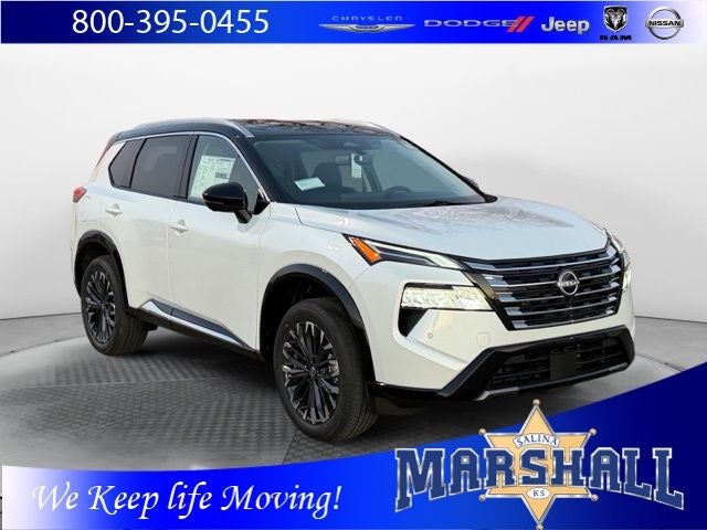 2026 Nissan Rogue Platinum in Everest White Pearl/Super Black — front three-quarter view